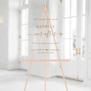 Happily Ever After Gold Script Wedding Welcome Acrylic Sign