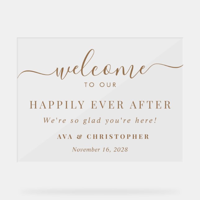 Happily Ever After Gold Wedding Welcome Frosted Acrylic Sign (Front)