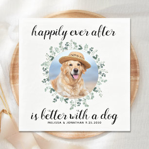 Happily Ever After Greenery Pet Photo Dog Wedding Napkin