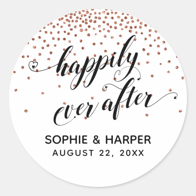 Happily Ever After Hearts and Copper Confetti Classic Round Sticker (Front)