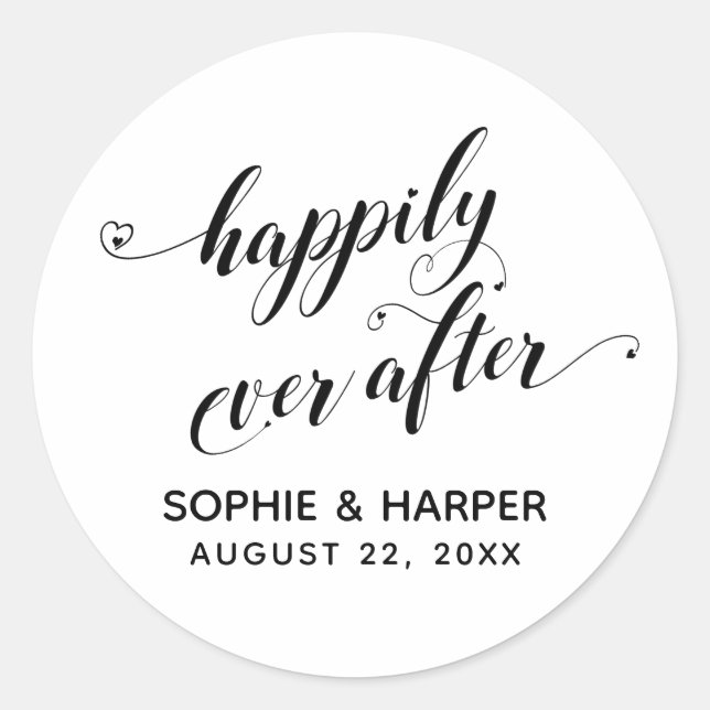 Happily Ever After Hearts Script Black & White Classic Round Sticker (Front)
