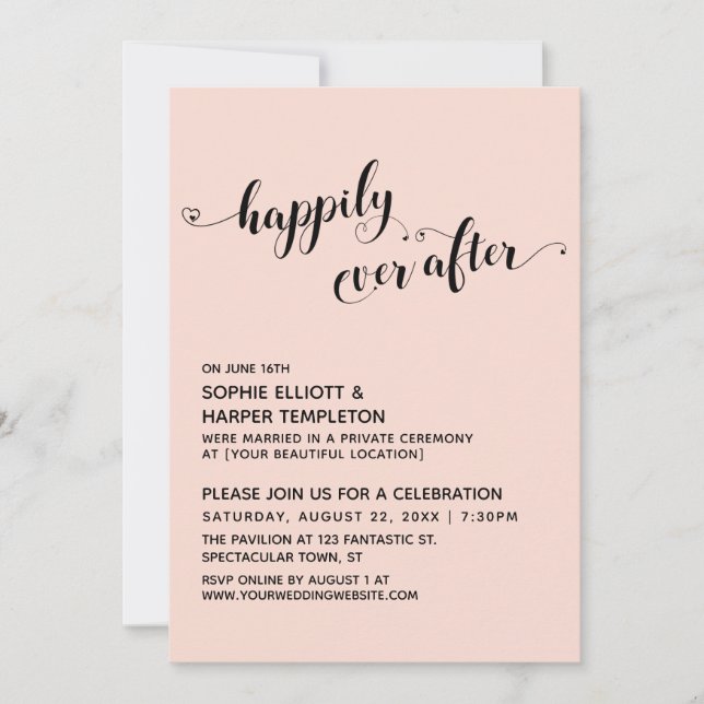 Happily Ever After Hearts Script Blush Reception Invitation (Front)