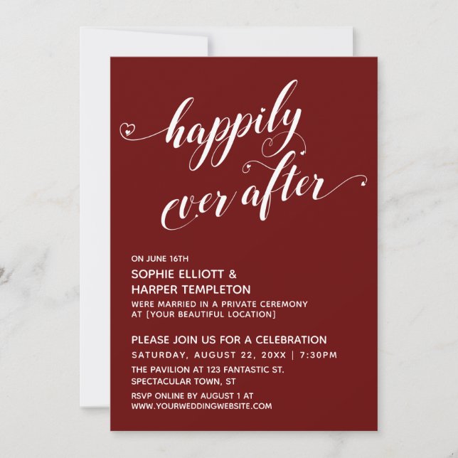 Happily Ever After Hearts Script Burgudy Reception Invitation (Front)