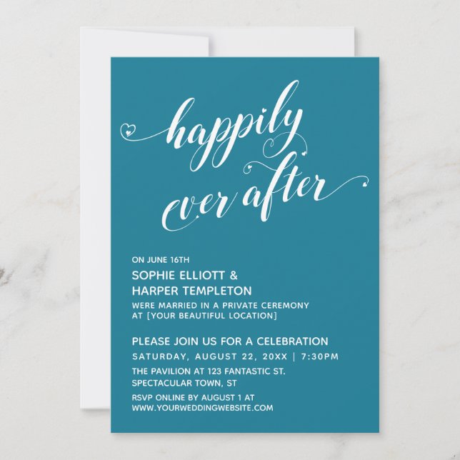 Happily Ever After Hearts Script Mosaic Blue Party Invitation (Front)