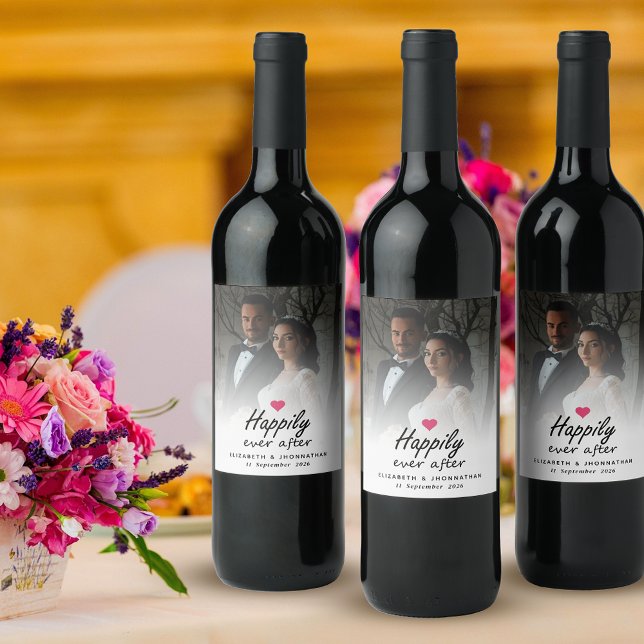 Happily Ever After Hot Pink Heart Wedding Photo Wine Label (Creator Uploaded)
