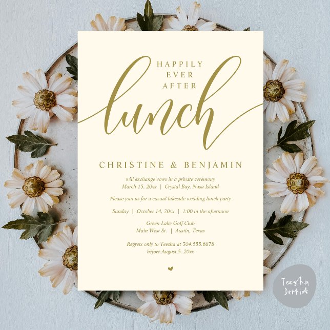 Happily Ever After Lunch, Elopement, Modern Script Invitation (Happily Ever After Lunch, Elopement Card, PDF, Modern Wedding, in Yellow Gold)