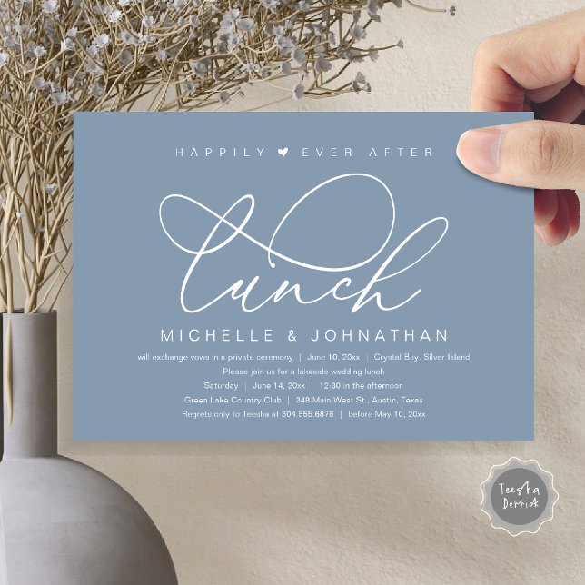Happily Ever After Lunch, Modern Romantic Party Invitation (Happily Ever After Lunch Invitation Card, PDF, Wedding Elopement, Romantic Heart Script, Dusty Blue)