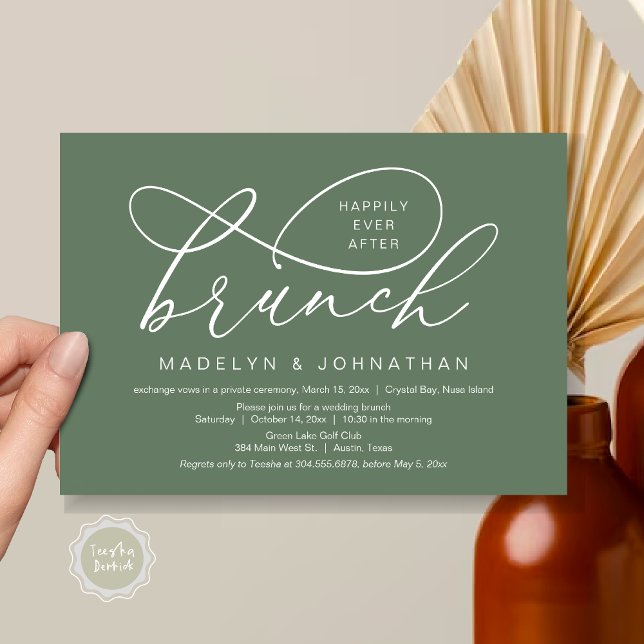 Happily Ever After Lunch, Wedding Elopement Invitation (Happily Ever After Brunch, Wedding Elopement Party Invitation Card, PDF, Classy, Forest Sage Green)