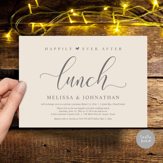 Happily Ever After Lunch, Wedding Elopement party Invitation (Happily Ever After Lunch Invitation Card, PDF, Modern Classy Script, in Cream Dark Grey)