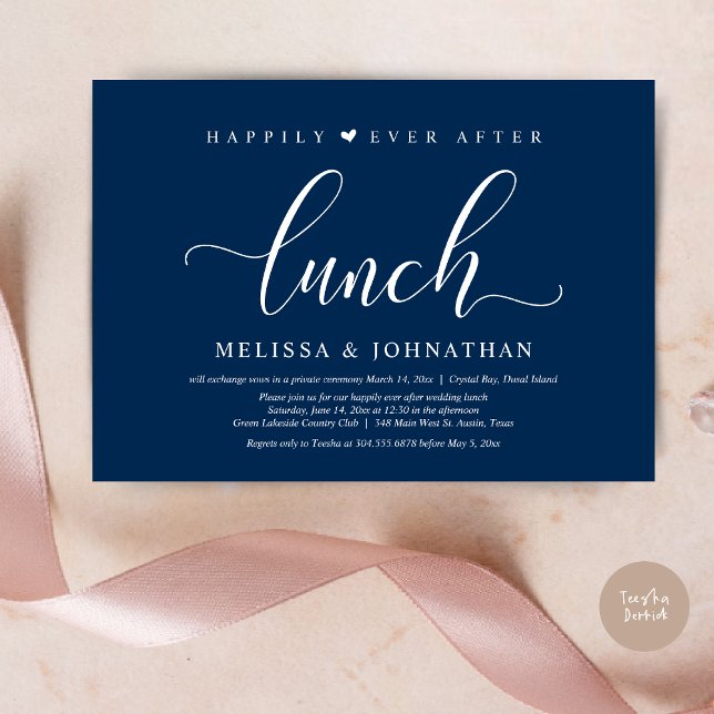 Happily Ever After Lunch, Wedding Elopement party Invitation (Happily Ever After Lunch Invitation Card, PDF, Modern Classy Script, in Navy Blue)
