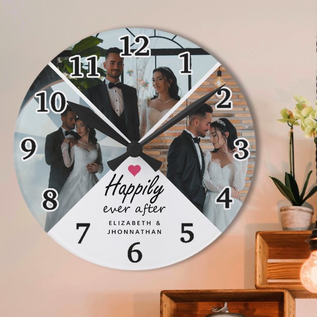 Happily Ever After Modern Couple Photo Collage Round Clock (Creator Uploaded)