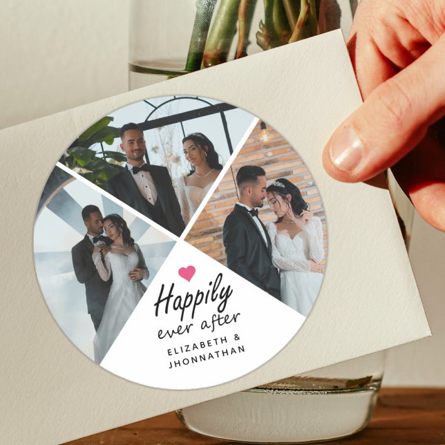 Happily Ever After Modern Couple Wedding Photo Classic Round Sticker (Creator Uploaded)