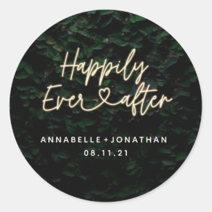 Happily ever after modern foliage wedding party ta classic round sticker