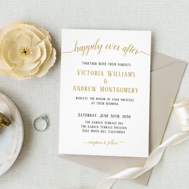 Happily Ever After Modern Gold Script Wedding Invitation (Creator Uploaded)