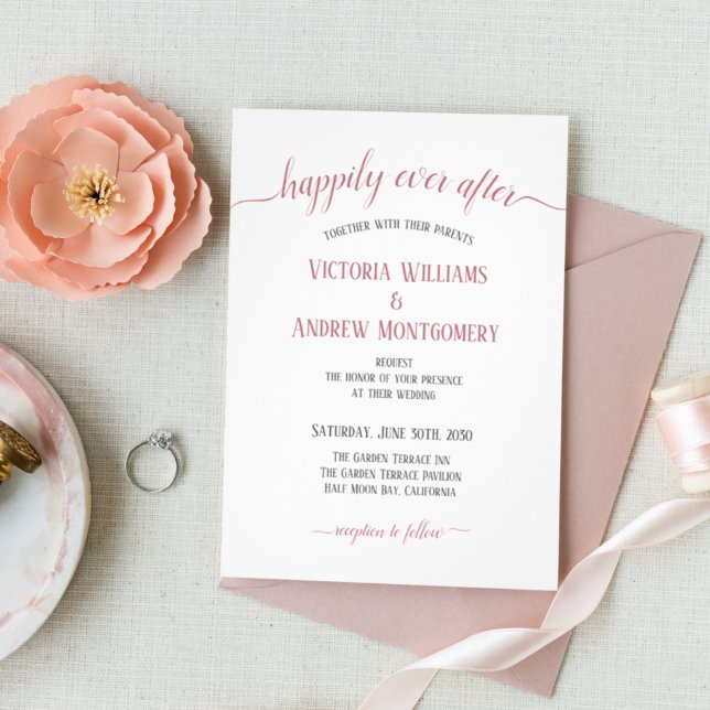 Happily Ever After Modern Rose Gold Script Wedding Invitation (Creator Uploaded)