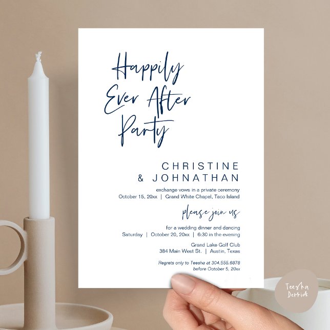 Happily Ever After, Modern Wedding Dinner Party Invitation (Wedding Happily Ever After Party Dinner Brunch Elopement Invitation Card, PDF, Navy Blue)