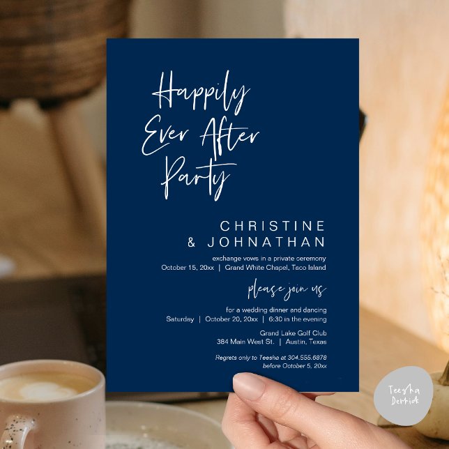 Happily Ever After, Modern Wedding Dinner Party Invitation (Wedding Happily Ever After Party Dinner Brunch Elopement Invitation Card, PDF, Navy Blue)