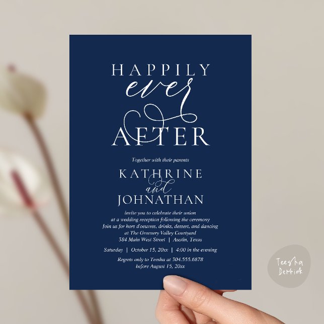 Happily Ever After, Modern Wedding Reception Invitation (Happily Ever After, Modern Wedding Reception hors d'oeuvres Drinks Dancing Invites Card Navy Blue)