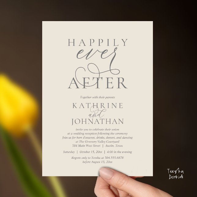 Happily Ever After, Modern Wedding Reception Invitation (Happily Ever After, Modern Wedding Reception hors d'oeuvres Drinks Dancing Invites Card Cream Grey)