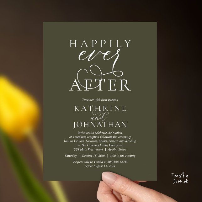 Happily Ever After, Modern Wedding Reception Invitation (Happily Ever After, Modern Wedding Reception hors d'oeuvres Drinks Dancing Invites Card Olive Green)