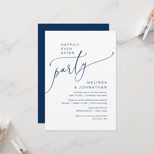 Happily Ever After, Navy Wedding Elopement Party Invitation (Front/Back In Situ)