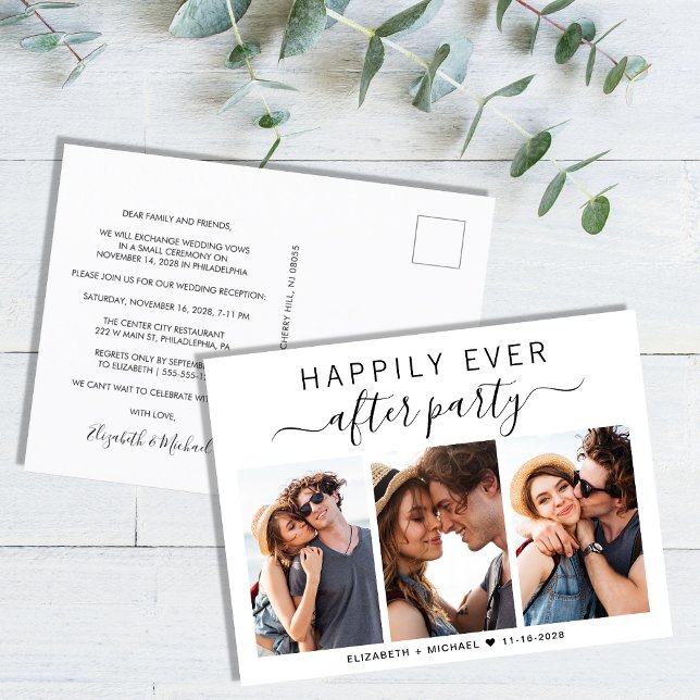 Happily Ever After Party 3 Photo Wedding Announcement Postcard (Creator Uploaded)