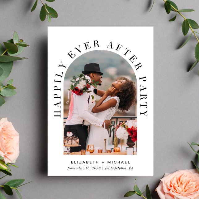 Happily Ever After Party Arch Photo Wedding Invitation (Celebrate your love story with an invitation showcasing your favorite photo in an elegant arch frame)