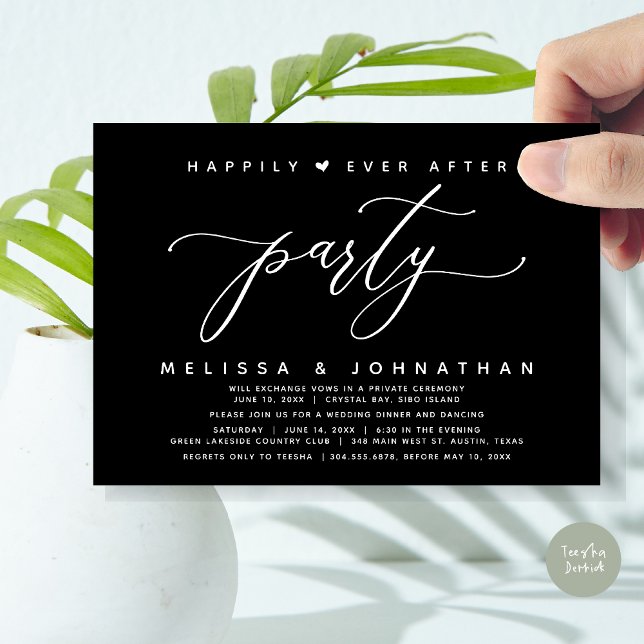 Happily Ever After Party, Black Wedding Dinner Invitation (Modern Romantic Wedding Elopement Happily Ever After Dinner Party Invitation Card, PDF, Classy Black)