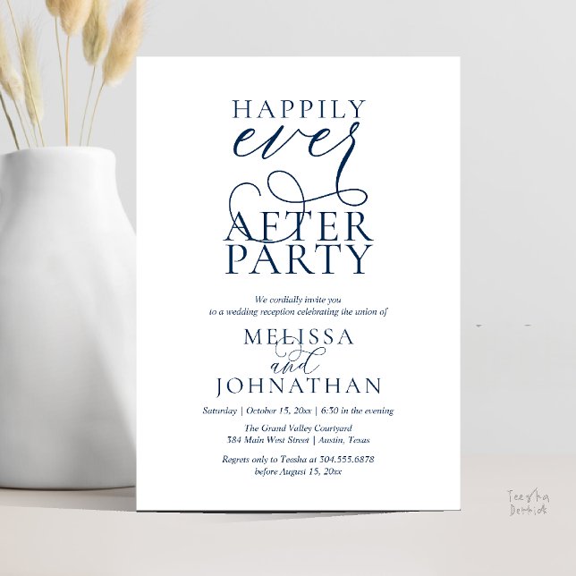 Happily Ever After Party, Classy Wedding Reception Invitation (Happily Ever After Party, Classy Wedding Reception Modern Dinner Invitation Card PDF Navy Blue)