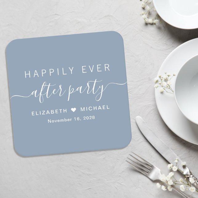 Happily Ever After Party Dusty Blue Wedding Square Paper Coaster (Creator Uploaded)