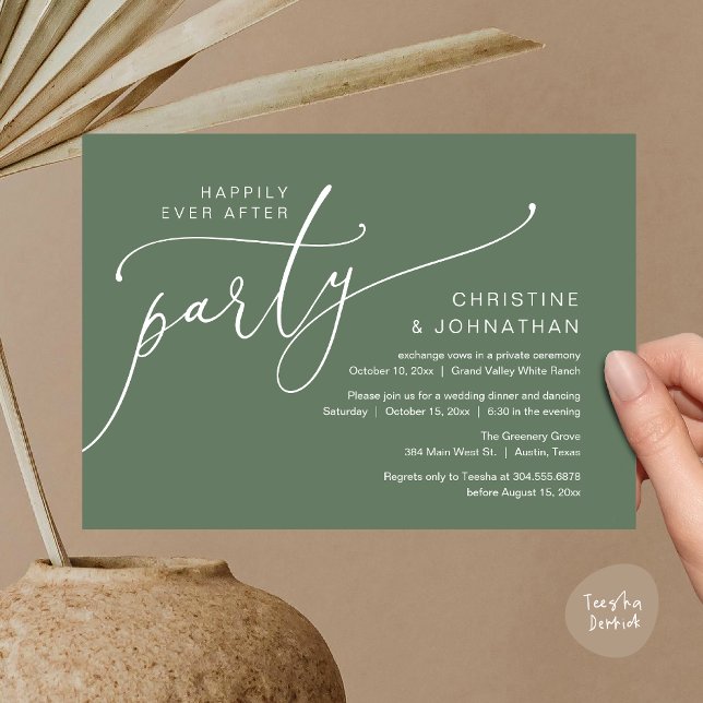Happily Ever After Party, Elopement Dinner Dancing Invitation (Happily Ever After Party, Romantic Modern Elopement Dinner Dancing Invites Card PDF Sage Green)