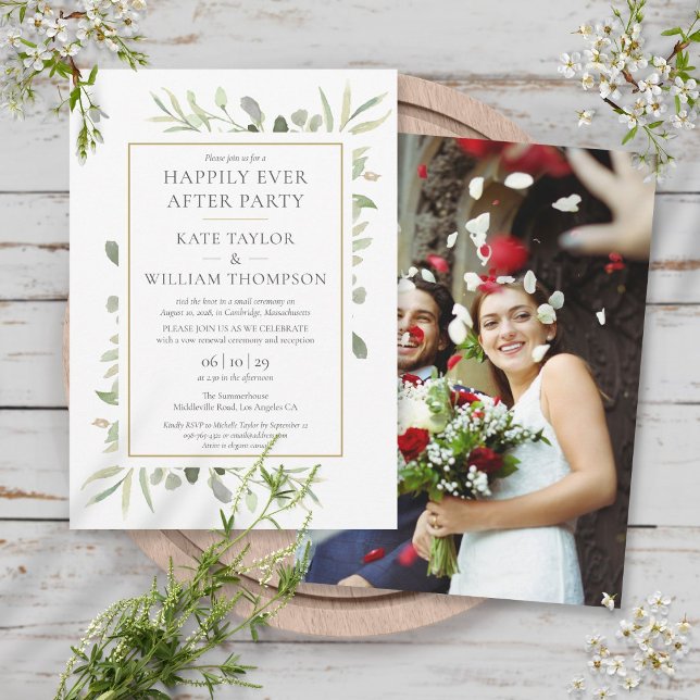 Happily Ever After Party Greenery Wedding Photo  Invitation (Creator Uploaded)