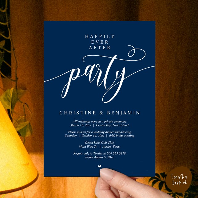Happily Ever After Party, Modern Script Invitation (Happily Ever After Dinner Party, Modern Script Wedding Reception Invitation Card, PDF, Navy Blue)
