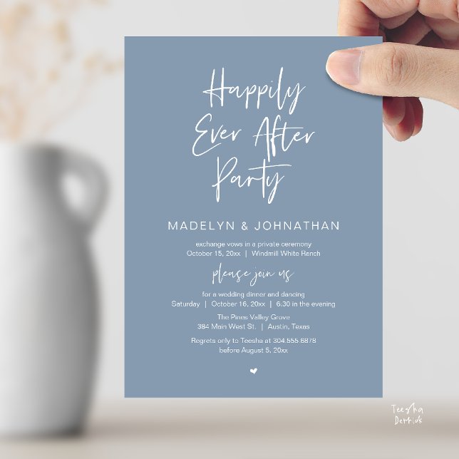 Happily Ever After Party, Modern Wedding Dinner Invitation (Happily Ever After Party, Modern Wedding Reception Dinner Invitation card in dusty blue)