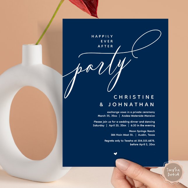 Happily Ever After Party, Modern Wedding Dinner Invitation (Romantic Happily Ever After Party, Modern Wedding Dinner Invitation Card, PDF, Classy Navy Blue)