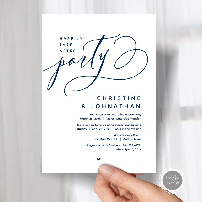 Happily Ever After Party, Modern Wedding Dinner Invitation (Romantic Happily Ever After Party, Modern Wedding Dinner Invitation Card, PDF, Classy Navy Blue)