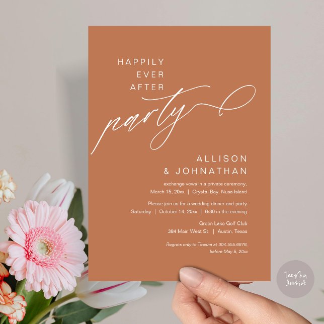 Happily Ever After Party, Modern Wedding Elopement Invitation (Happily Ever After Party, Modern Wedding Elopement Dinner Invitation Card, PDF, Copper Rust Brown)