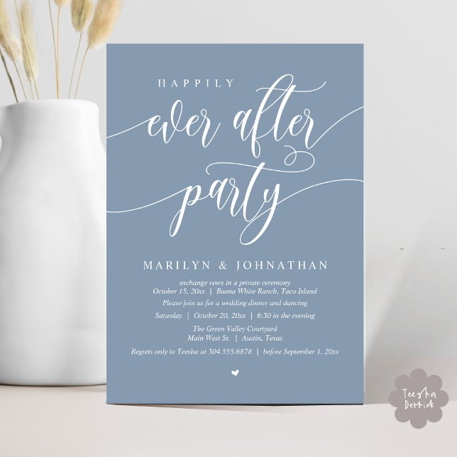 Happily Ever After Party Modern Wedding Elopement Invitation (Happily Ever After Party Modern Wedding Elopement Dinner Lunch Brunch Invites Card PDF Dusty Blue)