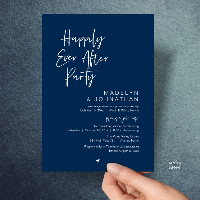 Happily Ever After Party, Modern Wedding Reception Invitation (Happily Ever After Party, Modern Wedding Reception Dinner Invitation card in navy blue)