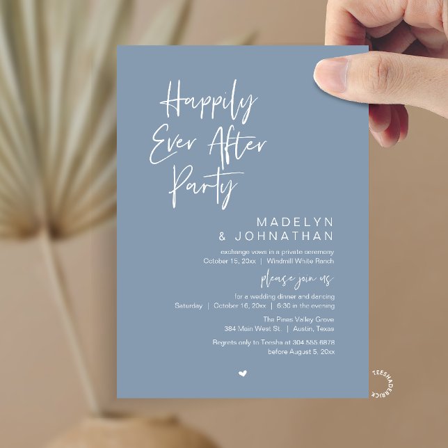 Happily Ever After Party, Modern Wedding Reception Invitation (Happily Ever After Party, Modern Wedding Reception Dinner Invitation card in dusty blue)