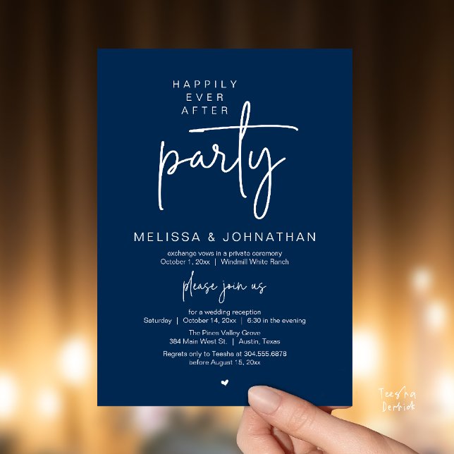 Happily Ever After Party, Modern Wedding Reception Invitation (Happily Ever After Party, Modern Wedding Reception Dinner Invitation Card in Navy Blue)
