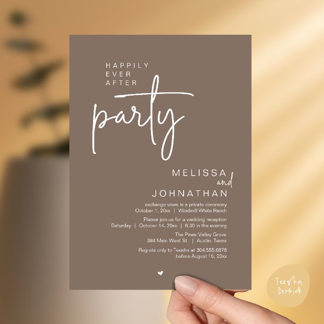 Happily Ever After Party, Modern Wedding Reception Invitation (Happily Ever After Party, Modern Wedding Reception Invitation Card in Taupe earthy brown)