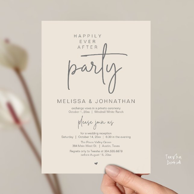 Happily Ever After Party, Modern Wedding Reception Invitation (Happily Ever After Party, Modern Wedding Reception Dinner Invitation Card in Cream Grey)