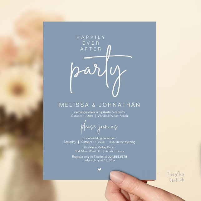 Happily Ever After Party, Modern Wedding Reception Invitation (Happily Ever After Party, Modern Wedding Reception Dinner Invitation Card in Dusty Blue)