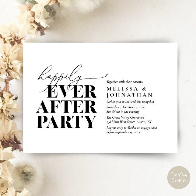 Happily Ever After Party, Modern Wedding Reception Invitation (Happily Ever After Party, Modern Wedding Reception Dinner Invitation Card pdf Black White)