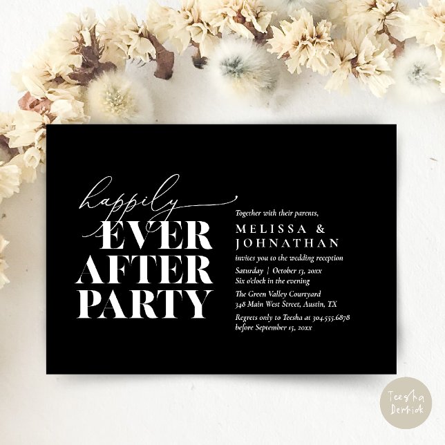 Happily Ever After Party, Modern Wedding Reception Invitation (Happily Ever After Party, Modern Wedding Reception Dinner Invitation Card pdf Black White)