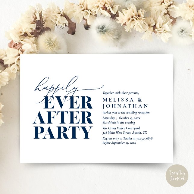 Happily Ever After Party, Modern Wedding Reception Invitation (Happily Ever After Party, Modern Wedding Reception Dinner Invitation Card pdf Navy Blue)