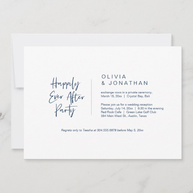Happily Ever After Party, Navy Blue, Elopement Invitation (Front)