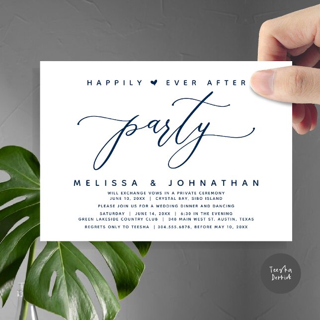 Happily Ever After Party, Navy Blue Wedding Dinner Invitation (Modern Romantic Wedding Elopement Happily Ever After Dinner Party Invitation Card, PDF, Navy Blue)