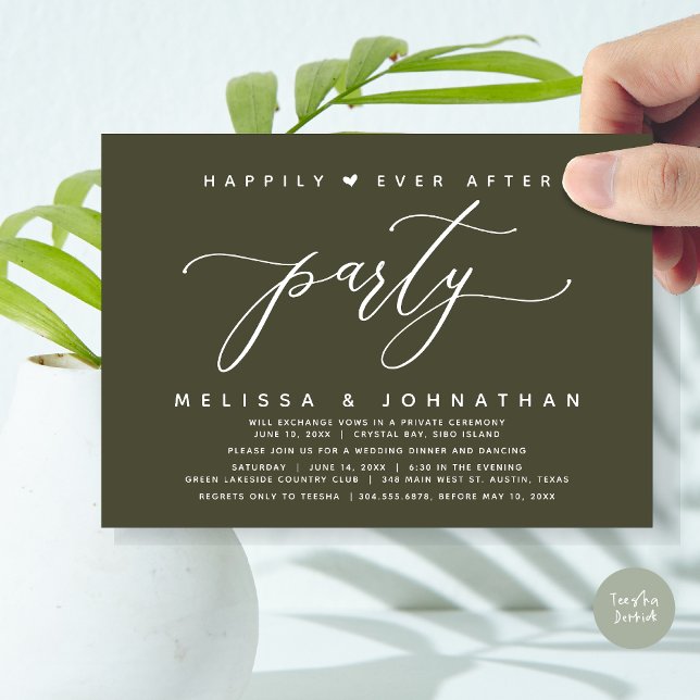 Happily Ever After Party Olive Wedding Dinner Invitation (Modern Romantic Wedding Elopement Happily Ever After Dinner Party Invitation Card, PDF, Olive Green)